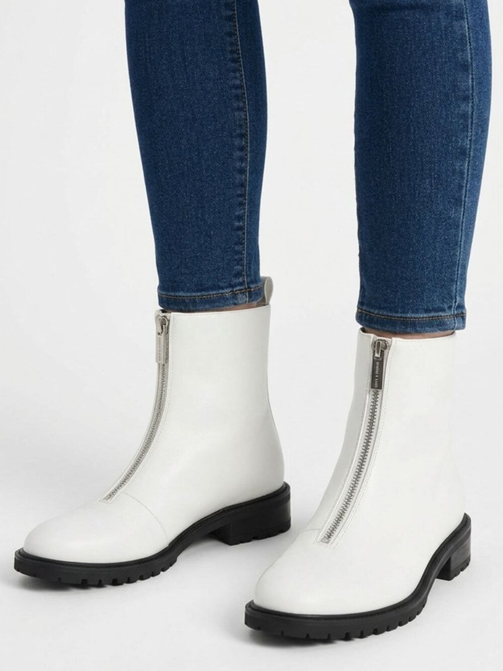 Charles & Keith White Vegan Leather Chelsea Boots Zipper Front Ankle Booties